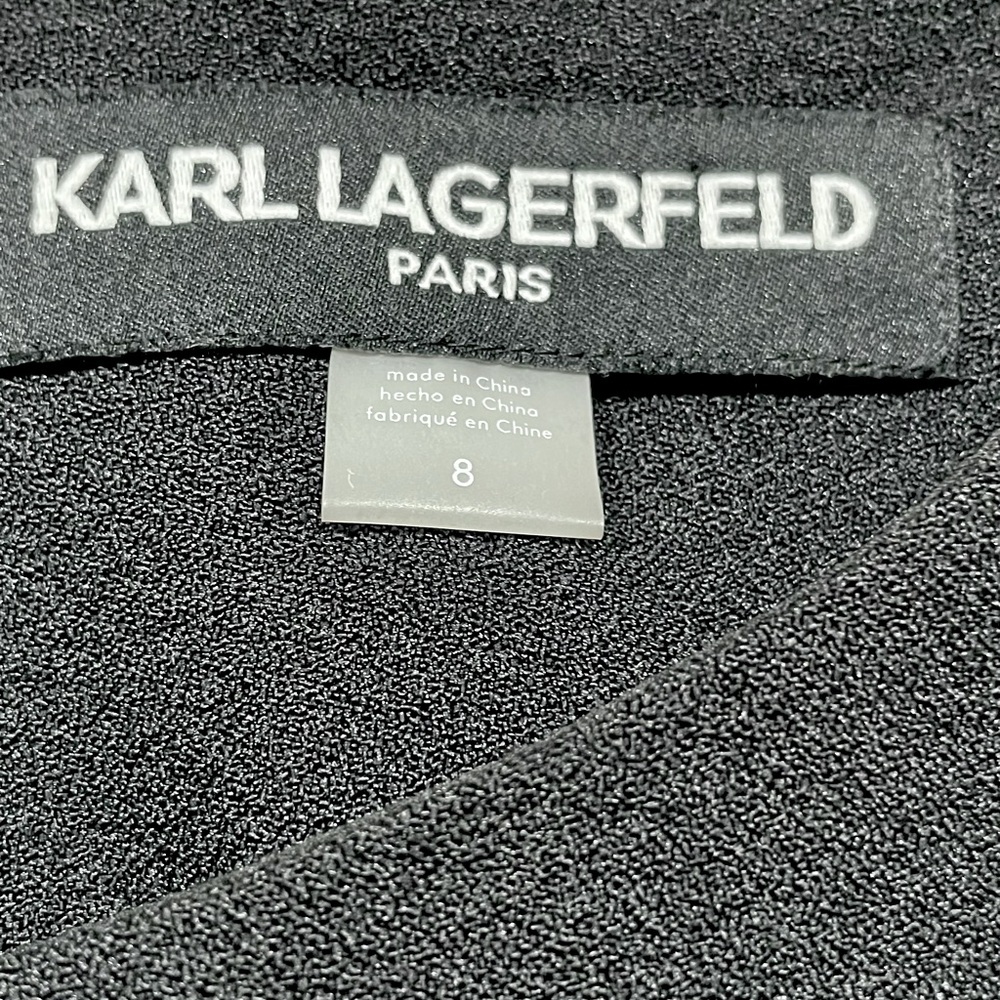 Karl Lagerfeld Black Midi Fitted Dress 3/4 Sleeve Flounce Boat Neck Size 8 - Picture 3 of 7